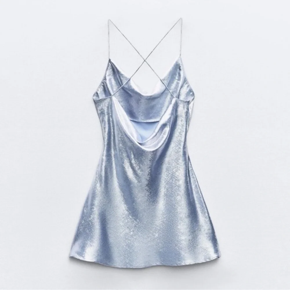 Zara Foil Blue Mini Slip Dress Cowl Neck Sleeveless NWT SIZE XS - Picture 4 of 4